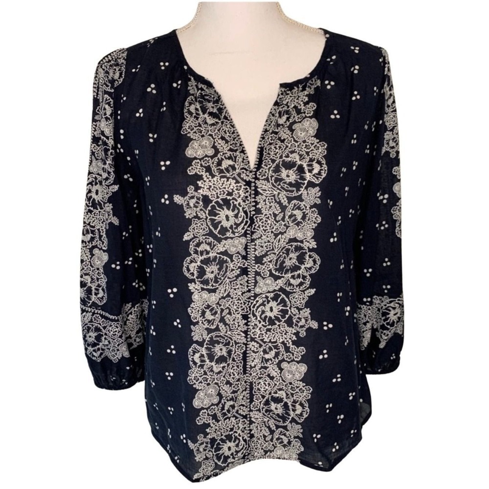 LOFT Floral Top Navy Blue White Cotton Lyocell‎ Women Small